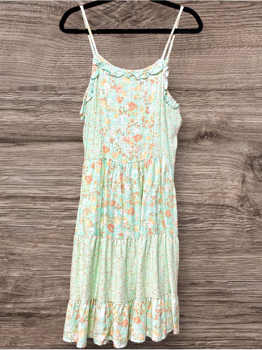 Girls 10/12 green floral summer layered linen dress
